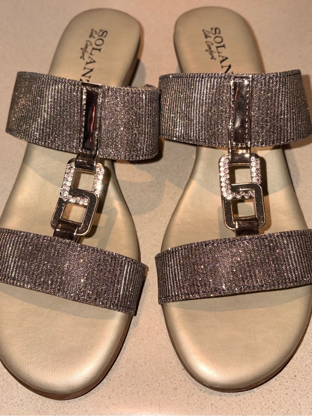 Solana Metallic Taupe Double-Strap Slide Sandals with Decorative Links